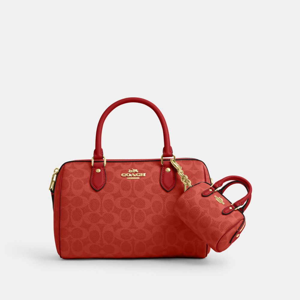 Coach Mini Rowan Bag Charm In Signature Canvas Gold Crimson