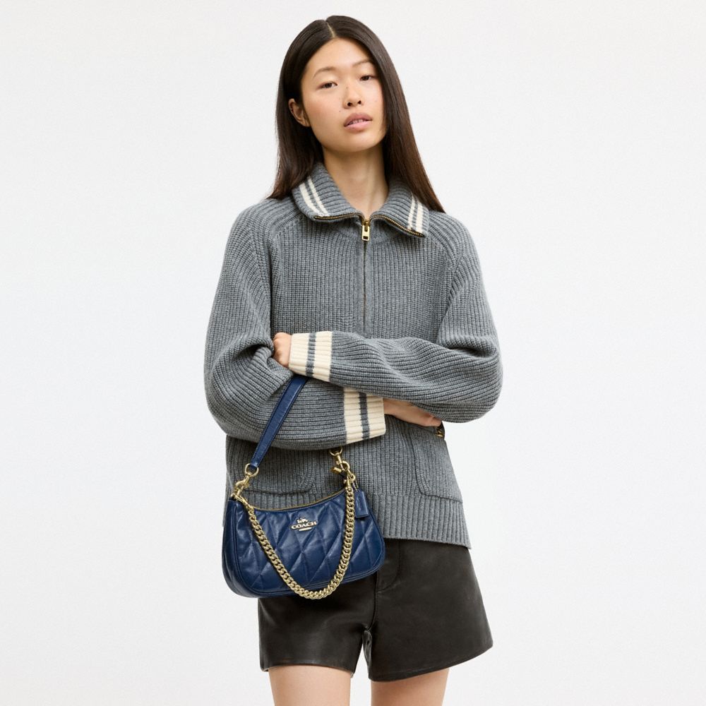 Coach Teri Shoulder Bag With Quilting Gold Deep Blue