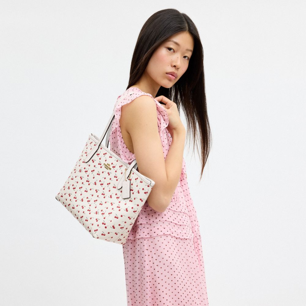 Coach Medium City Tote Bag With Cherry Print Gold Chalk Multi
