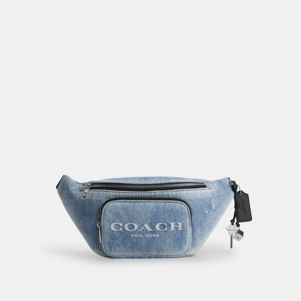 Coach Travis Belt Bag 35 In Loved Denim With Charms Silver Light Indigo
