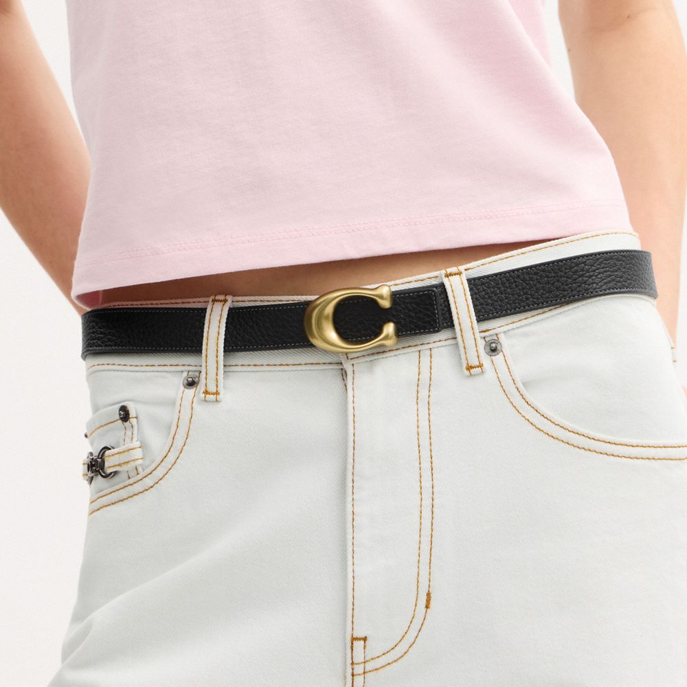 Coach Sculpted C Buckle Reversible Belt, 25 Mm Brass Black Redwood