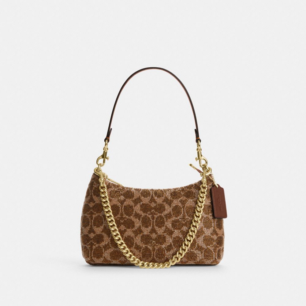Coach Teri Shoulder Bag In Signature Beaded Satin Gold Tan