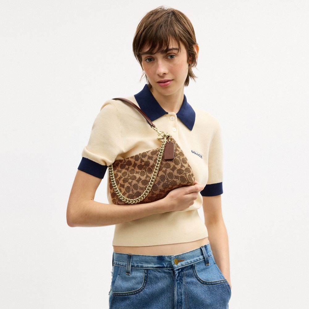 Coach Teri Shoulder Bag In Signature Beaded Satin Gold Tan