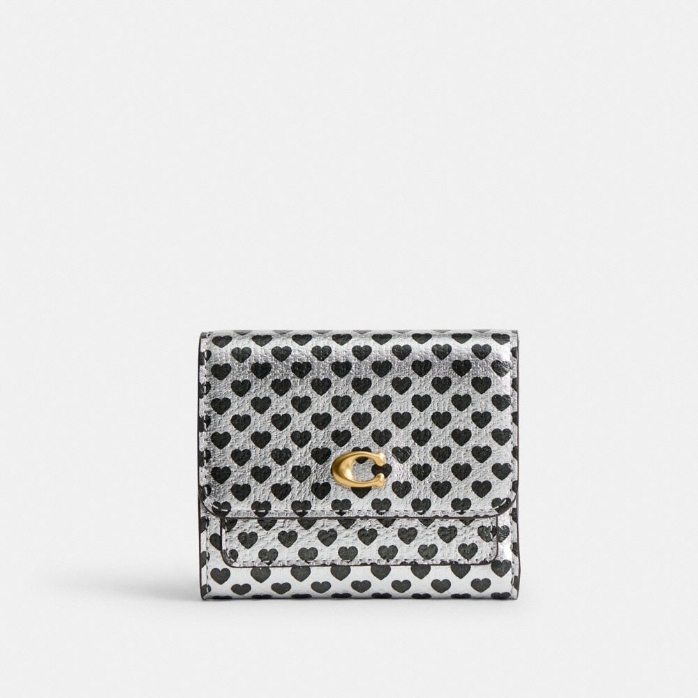 Coach Mila Small Flap Wallet With Heart Print Brass Silver Black Multi