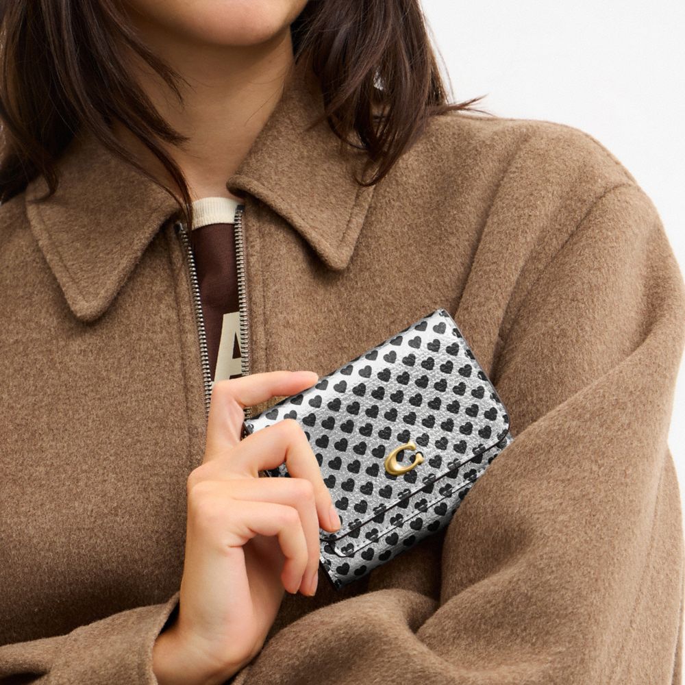 Coach Mila Small Flap Wallet With Heart Print Brass Silver Black Multi