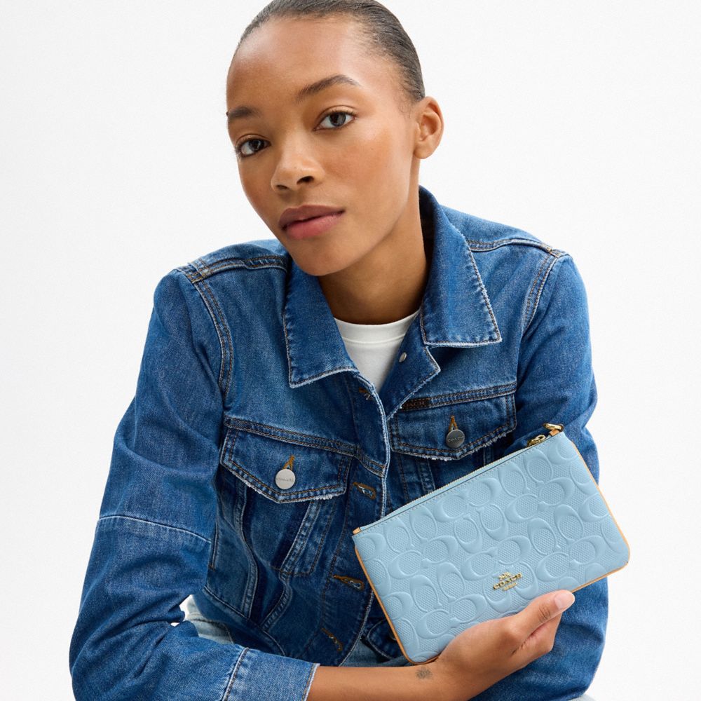 Coach Ashton Wristlet In Signature Leather Gold Light Blue