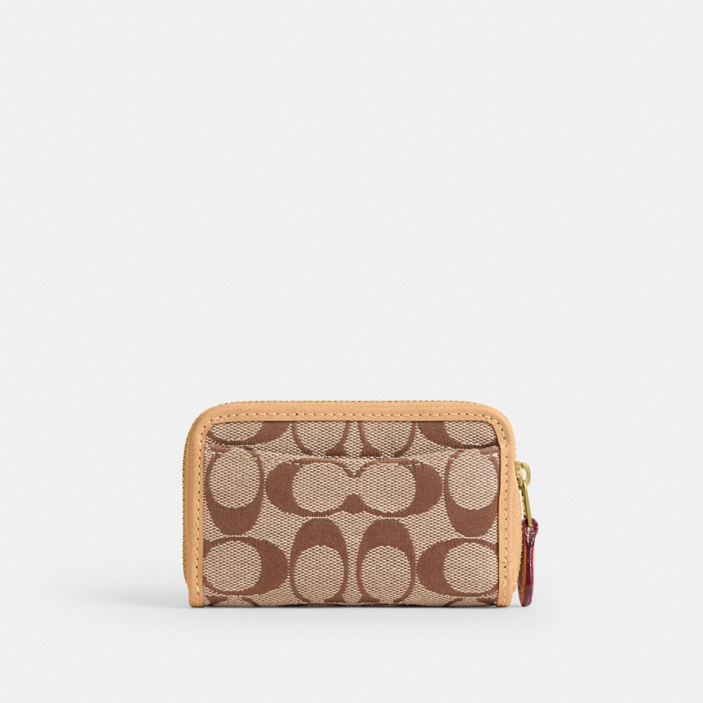 Coach Essential Small Zip Around Card Case In Signature Jacquard Brass Khaki Light Peach