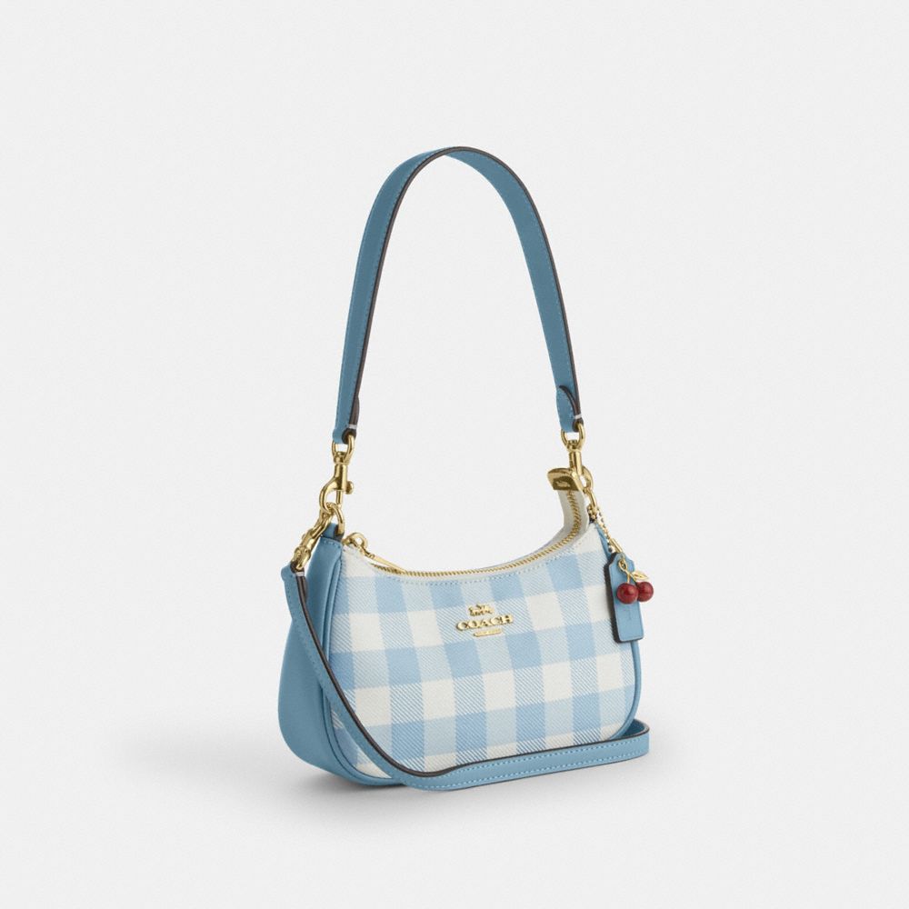 Coach Teri Mini Crossbody Bag With Gingham Print And Charm Gold Blue Multi