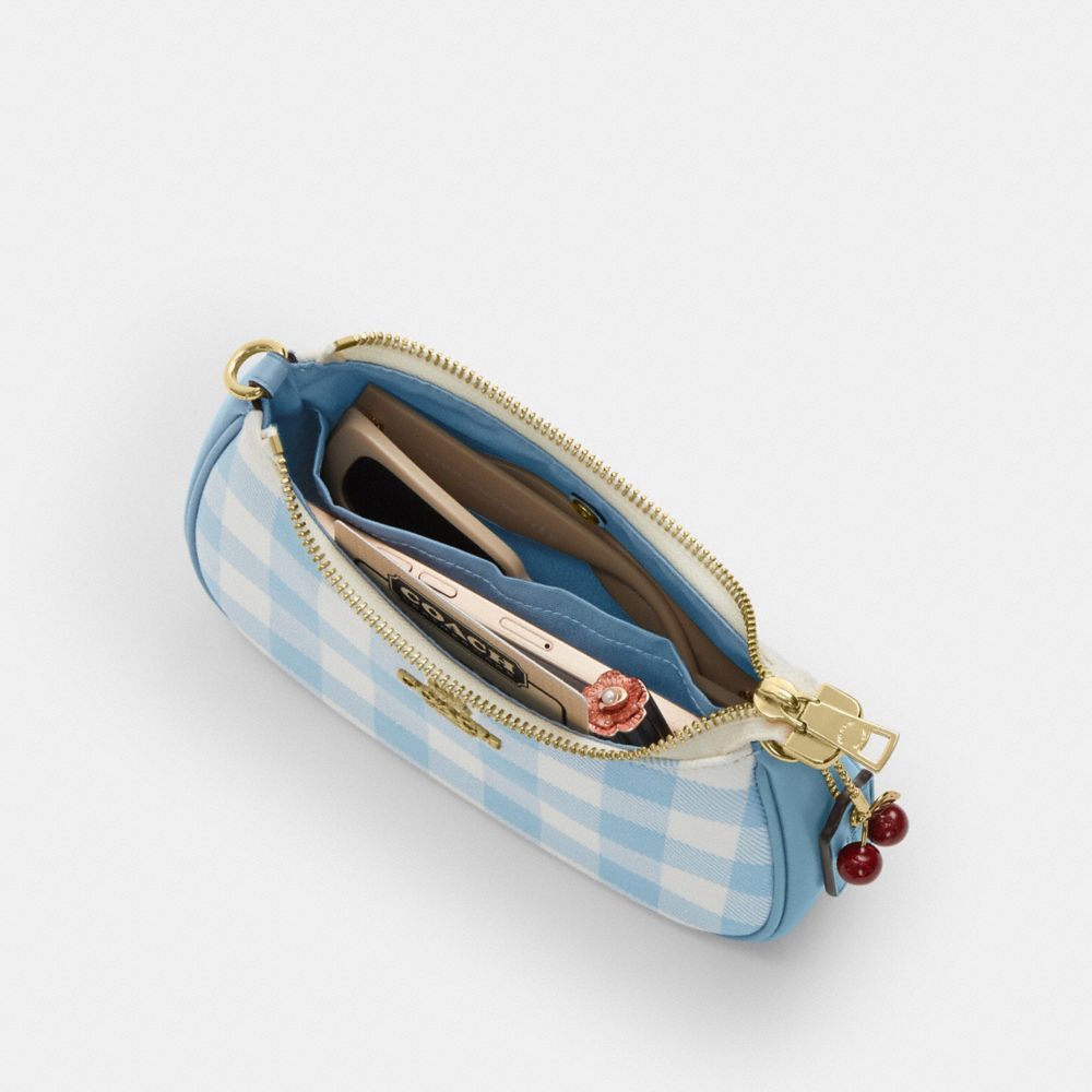 Coach Teri Mini Crossbody Bag With Gingham Print And Charm Gold Blue Multi