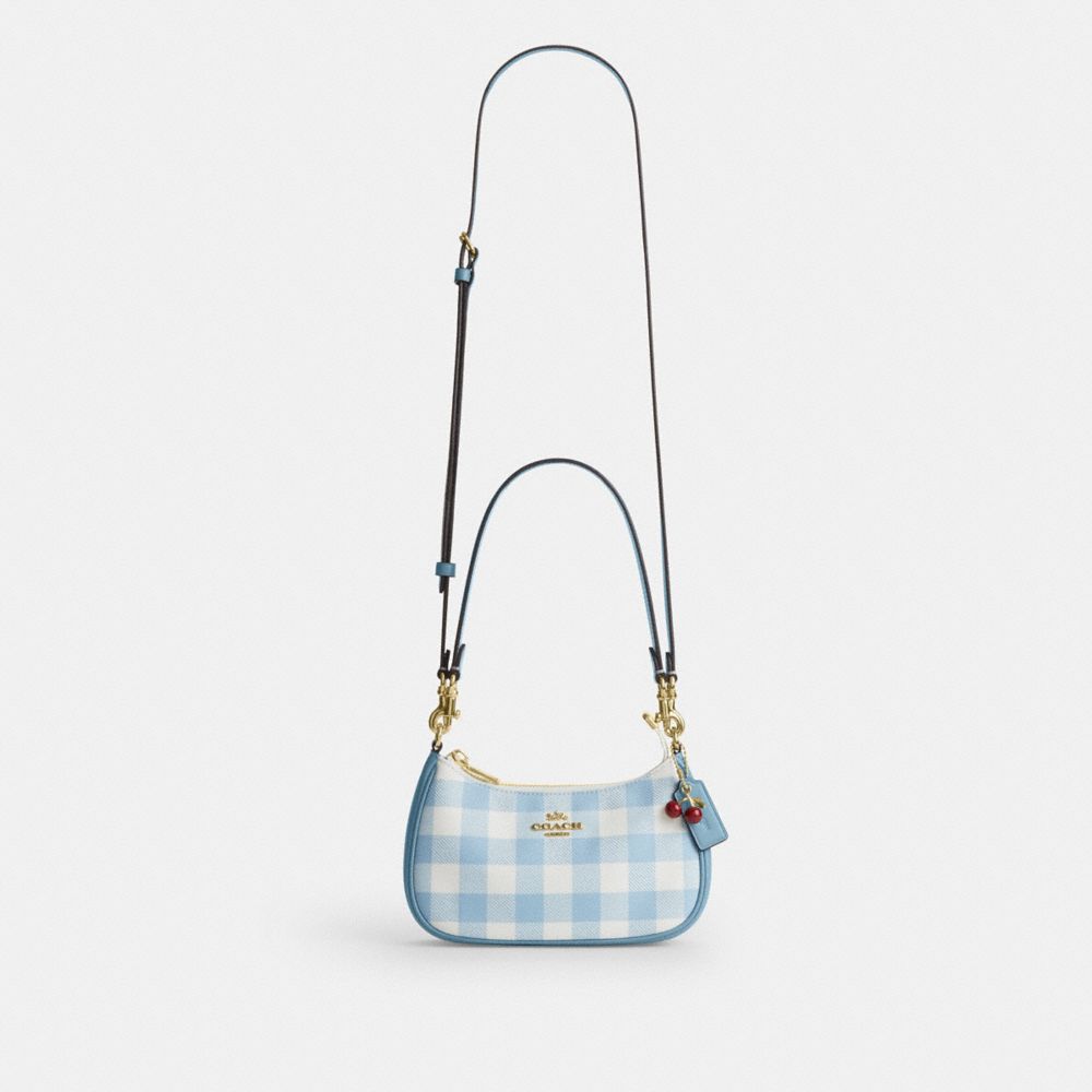 Coach Teri Mini Crossbody Bag With Gingham Print And Charm Gold Blue Multi