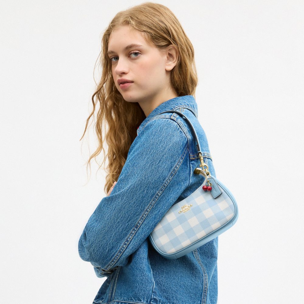 Coach Teri Mini Crossbody Bag With Gingham Print And Charm Gold Blue Multi