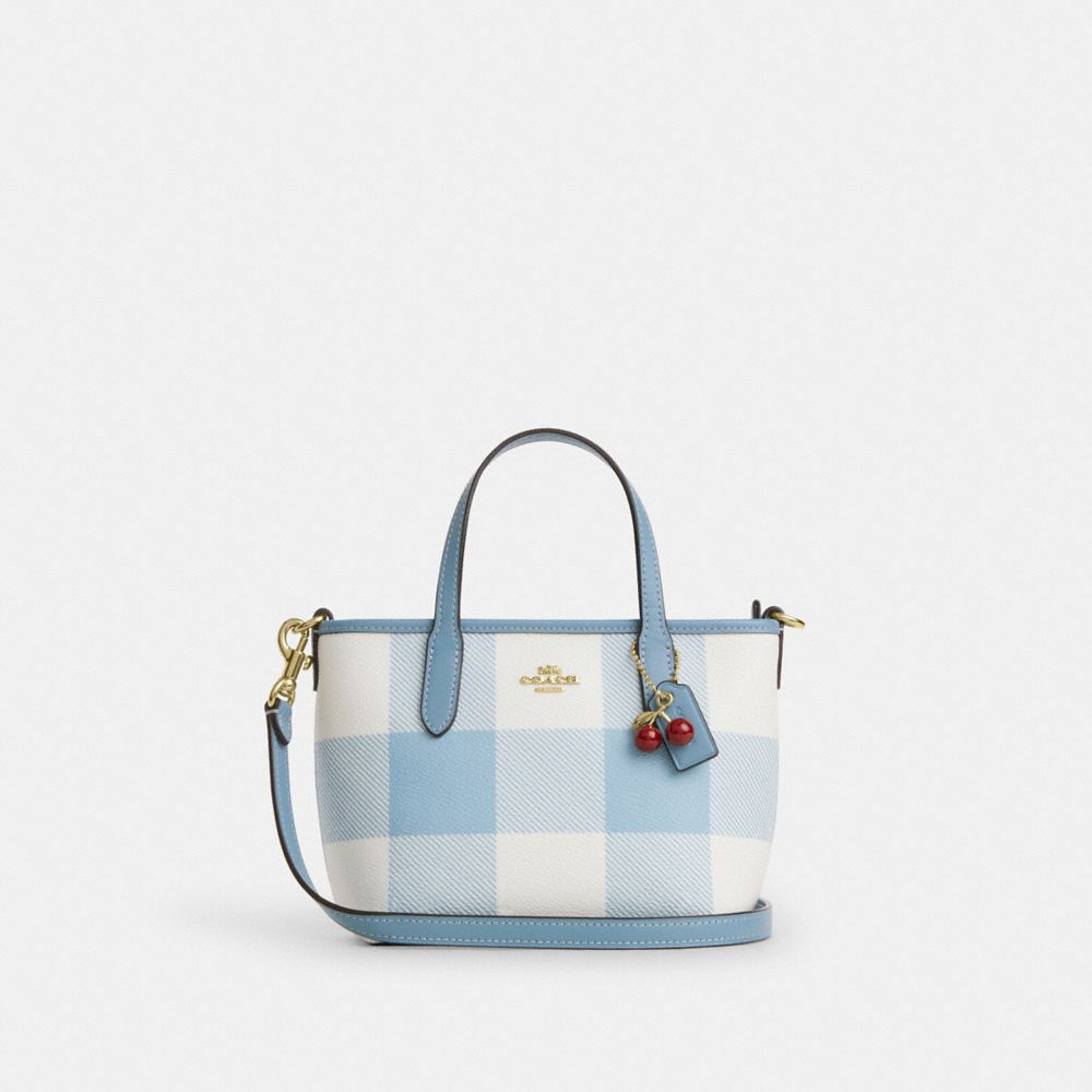 Coach City Mini Tote Bag With Gingham Print And Charm Gold Blue Multi