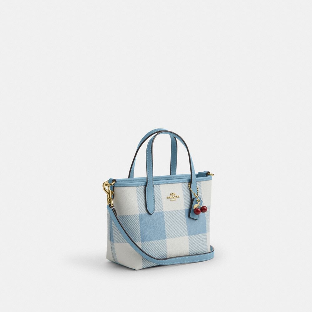 Coach City Mini Tote Bag With Gingham Print And Charm Gold Blue Multi