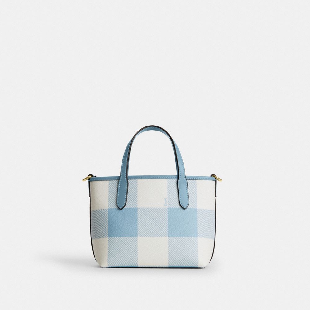 Coach City Mini Tote Bag With Gingham Print And Charm Gold Blue Multi