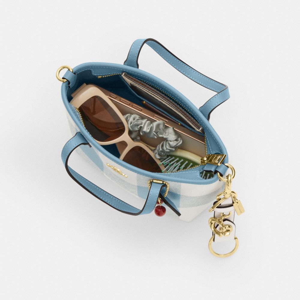Coach City Mini Tote Bag With Gingham Print And Charm Gold Blue Multi