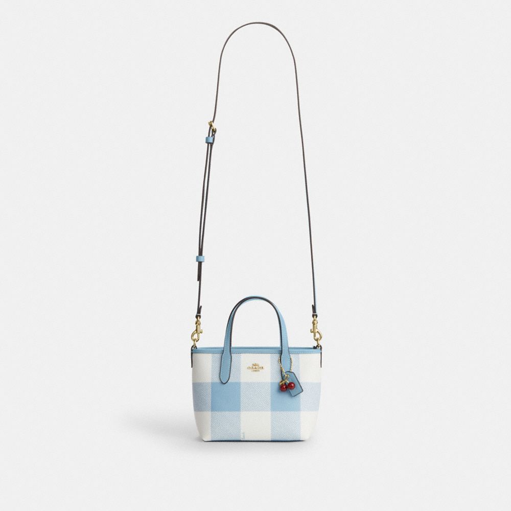 Coach City Mini Tote Bag With Gingham Print And Charm Gold Blue Multi