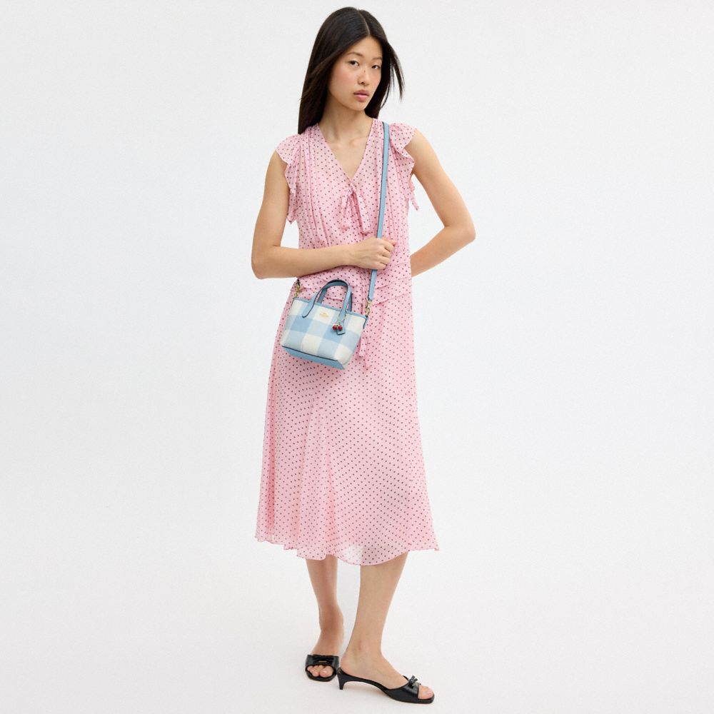 Coach City Mini Tote Bag With Gingham Print And Charm Gold Blue Multi
