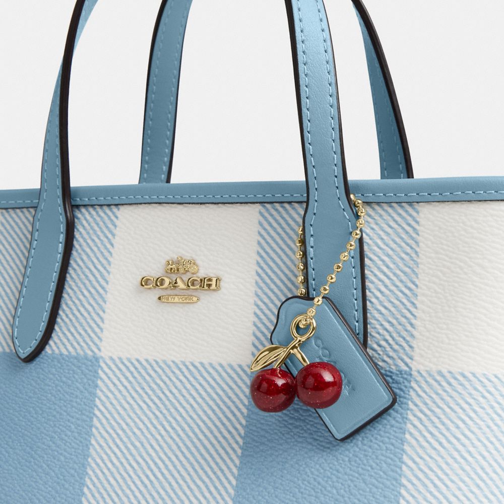 Coach City Mini Tote Bag With Gingham Print And Charm Gold Blue Multi