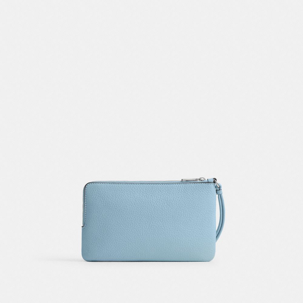 Coach Double Zip Wristlet With Floral Print Silver Blue Multi