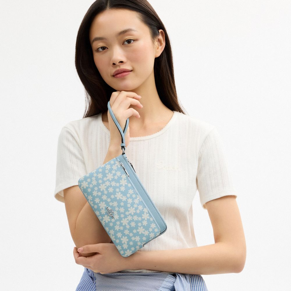 Coach Double Zip Wristlet With Floral Print Silver Blue Multi