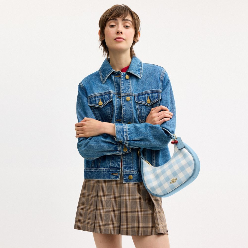 Coach Emily Shoulder Bag With Gingham Print And Charm Gold Blue Multi