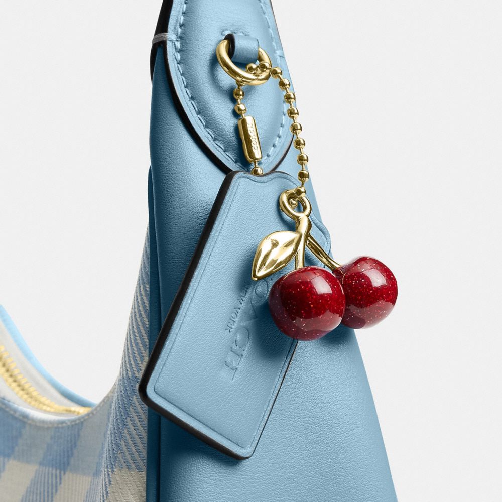 Coach Emily Shoulder Bag With Gingham Print And Charm Gold Blue Multi