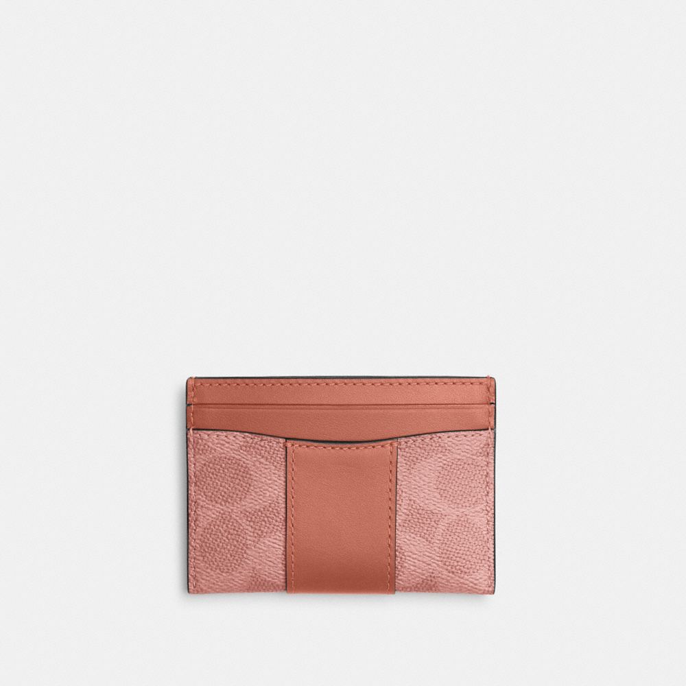 Coach Essential Card Case In Signature Canvas Brass Melon Pink
