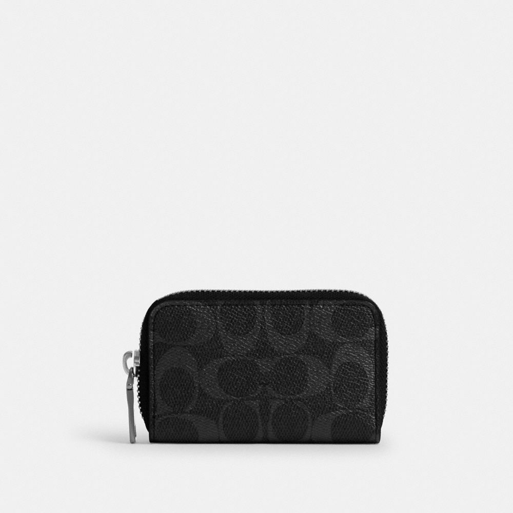 Coach Small Zip Around Card Case In Signature Canvas Black Signature
