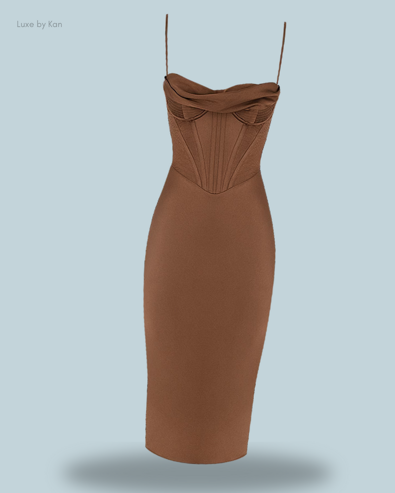 House of CB MYRNA 
CRYSTAL SATIN CORSET MIDI DRESS