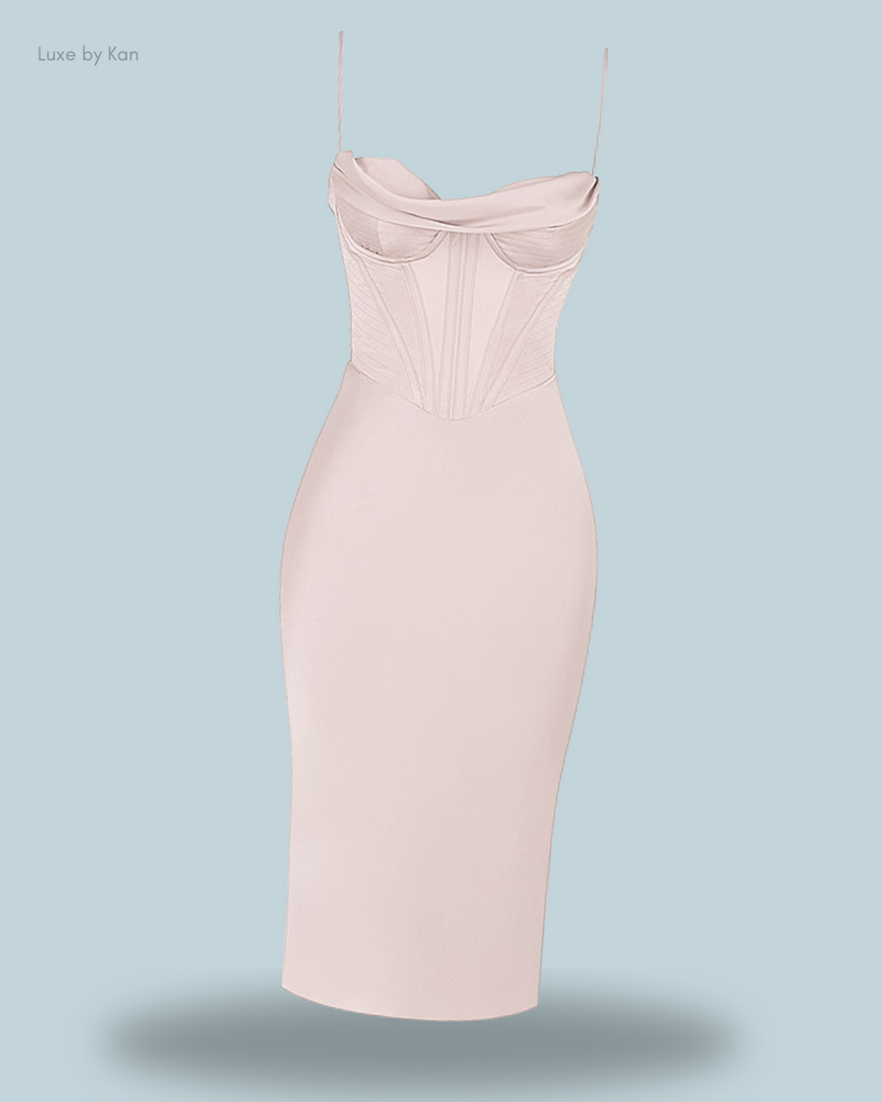 House of CB MYRNA 
CRYSTAL SATIN CORSET MIDI DRESS