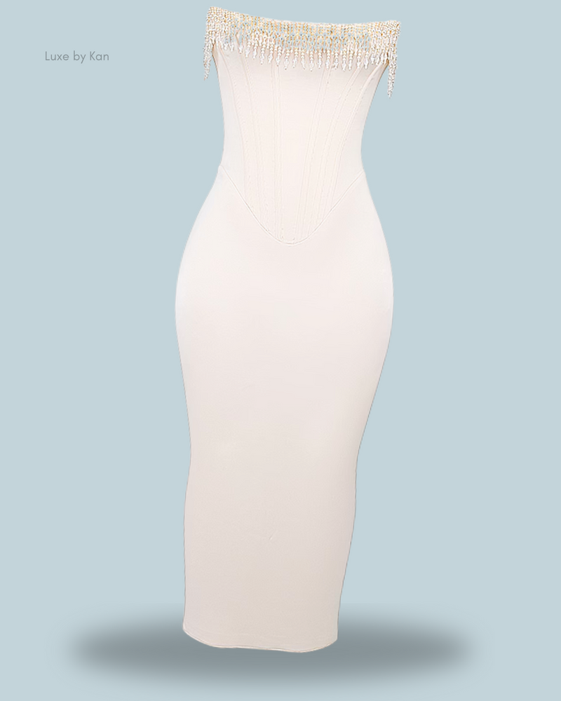 HOUSE OF CB Nalita Vintage Cream Embellished Strapless Dress