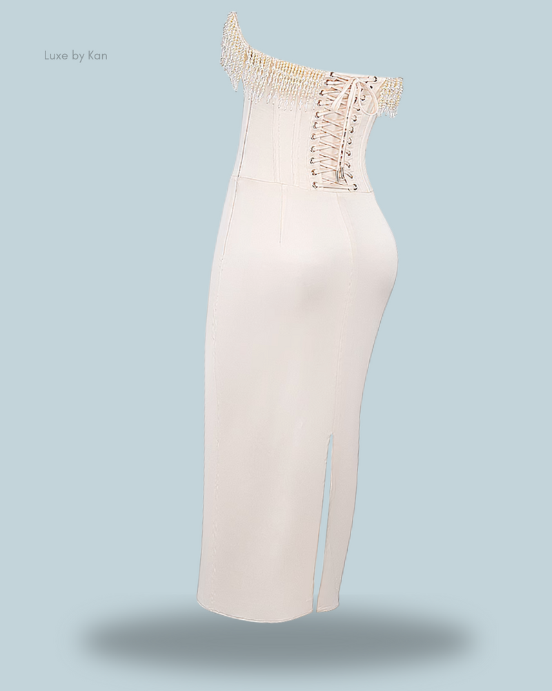 HOUSE OF CB Nalita Vintage Cream Embellished Strapless Dress