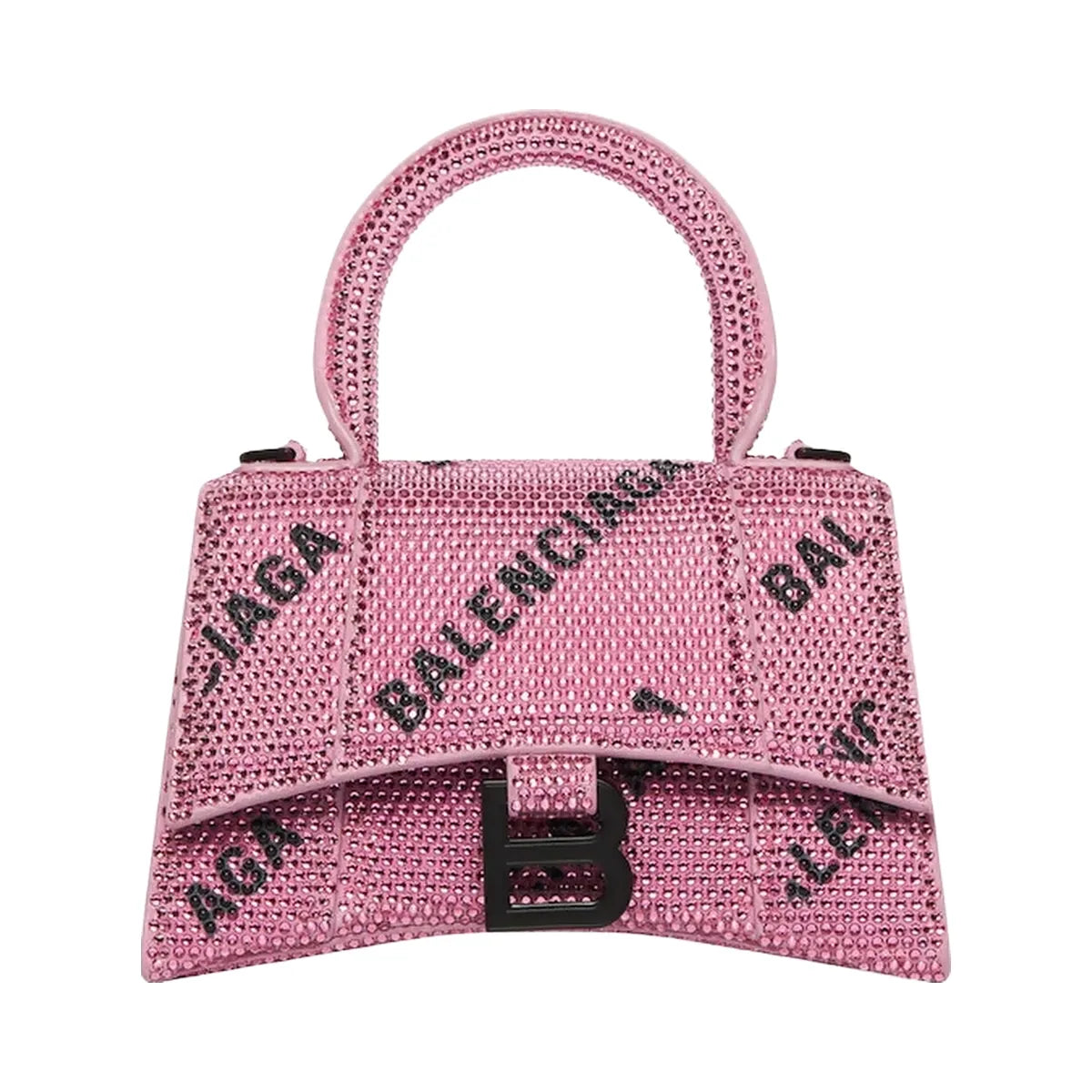 Balenciaga Hourglass Xs Handbag With Chain And Allover Logo Rhinestones Pink/Black
