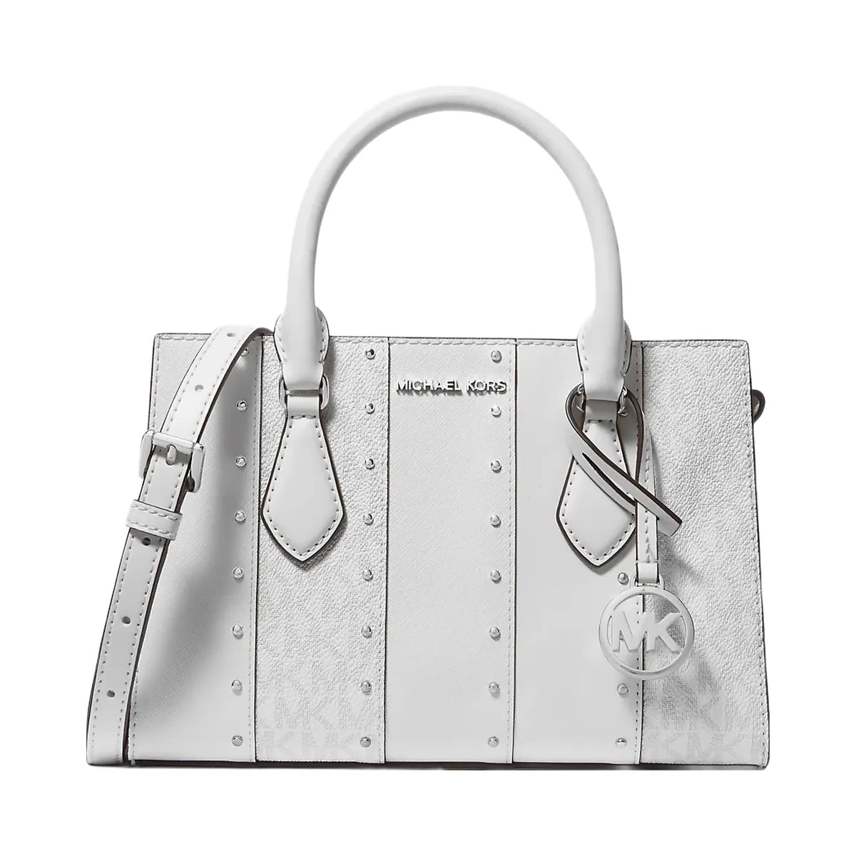 Michael Kors Sheila Small Studded Patchwork and Signature Logo Satchel Opwht Multi