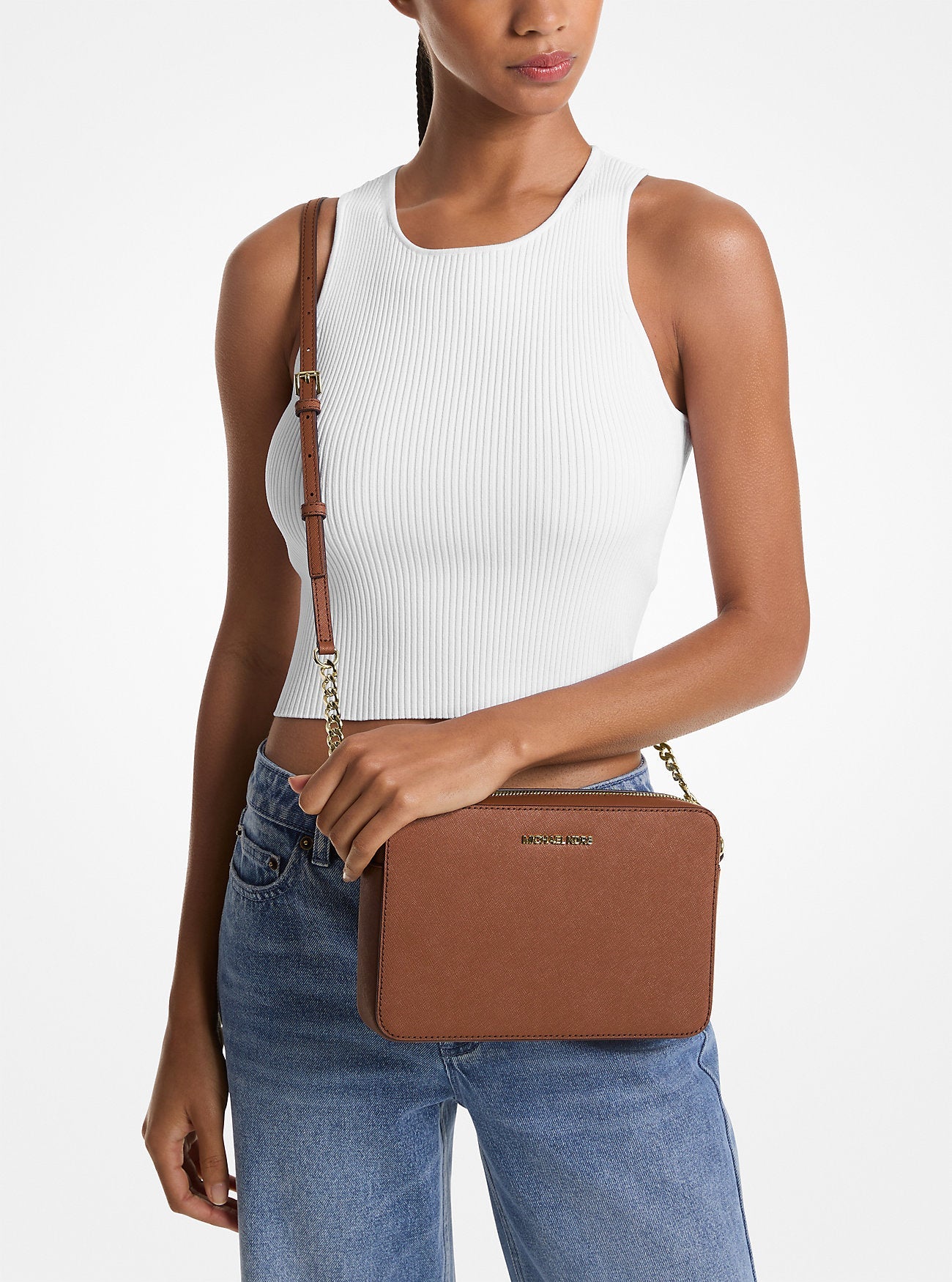 Michael Kors Jet Set Large Saffiano Leather Crossbody Bag Luggage