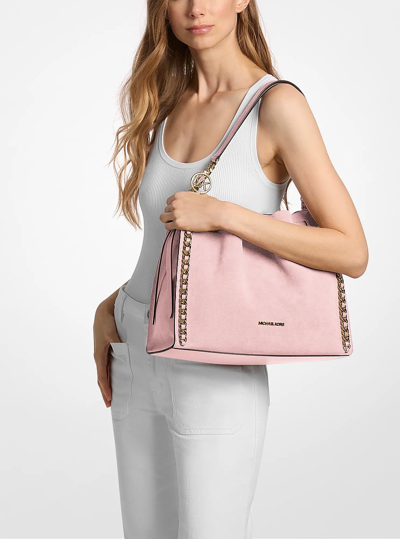 Michael Kors Mina Large Suede Chain Shoulder Bag Powder Blush