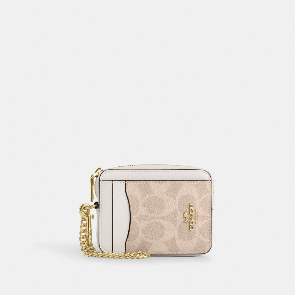 Coach Zip Card Case In Signature Canvas Signature Canvas-Gold-Sand-Chalk