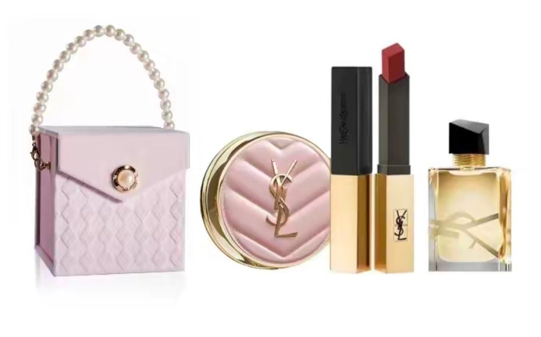 YSL Saint Laurent Sample Makeup Set, Mini Gold Bar Cushion Lipstick, Eau de Toilette, Easy-to-Apply Color, Velvet Satin Concealer, Setting Makeup Products