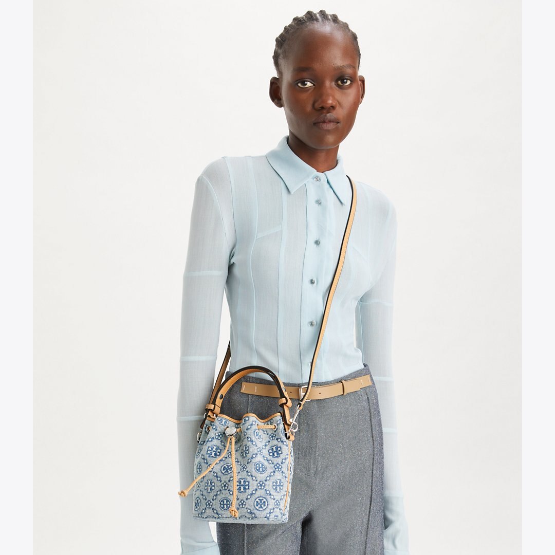 Tory Burch T Monogram Denim Mini Bucket Bag Powder Blue