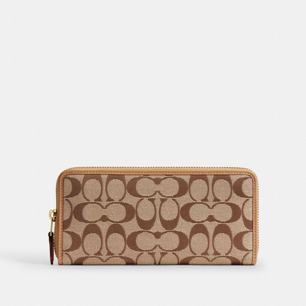 Coach Essential Slim Accordion Zip Wallet In Signature Jacquard Brass Khaki Light Peach
