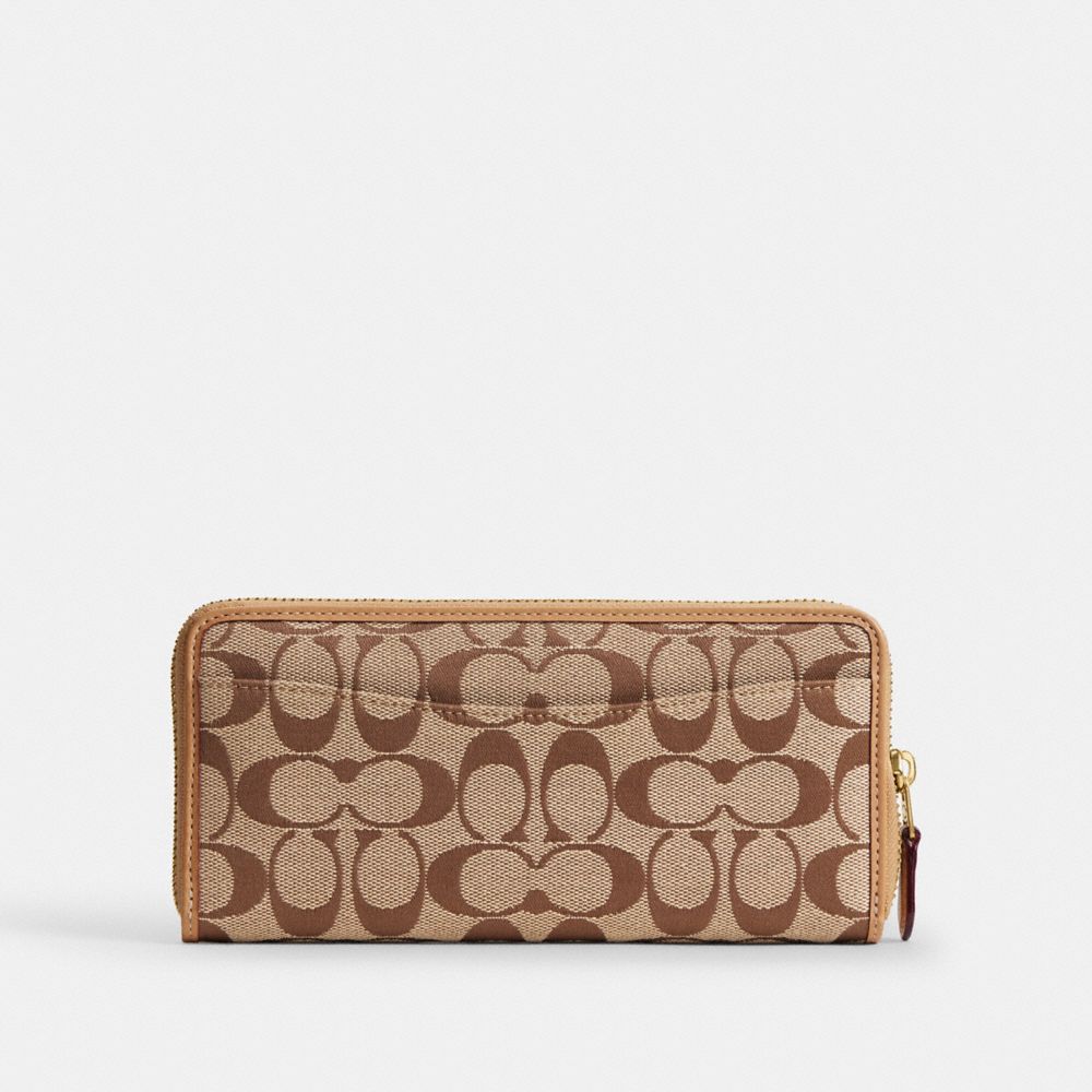Coach Essential Slim Accordion Zip Wallet In Signature Jacquard Brass Khaki Light Peach