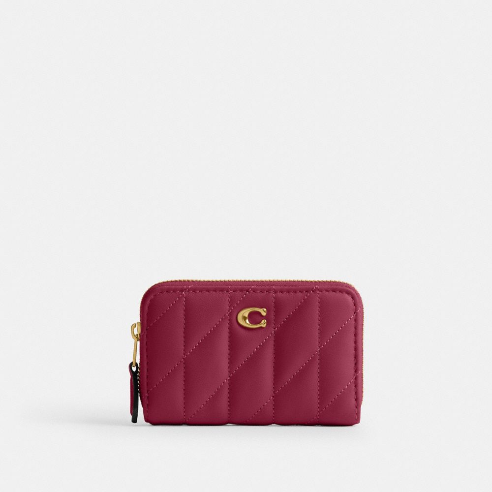 Coach Essential Small Zip Around Card Case With Pillow Quilting Brass Dark Fuchsia