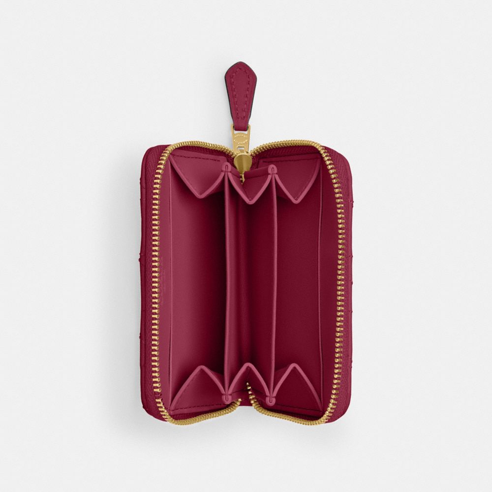 Coach Essential Small Zip Around Card Case With Pillow Quilting Brass Dark Fuchsia