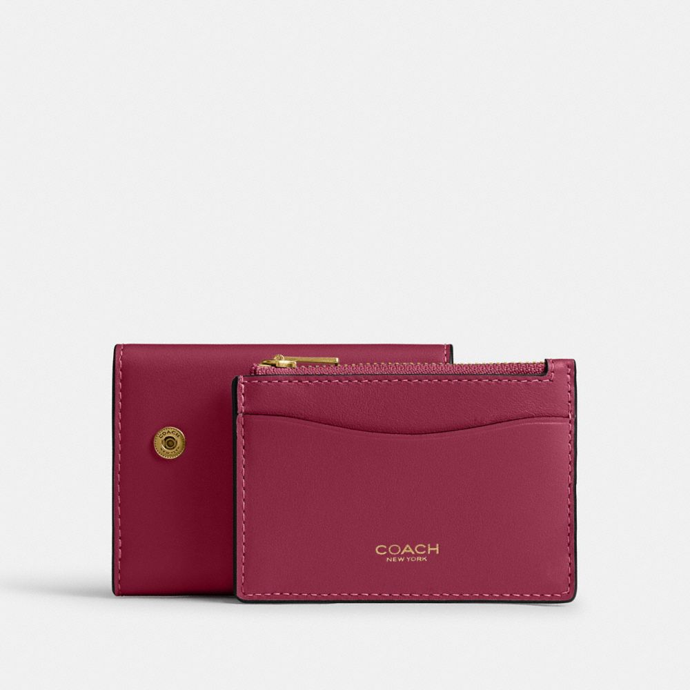 Coach Essential Card Holder Wallet Brass Dark Fuchsia