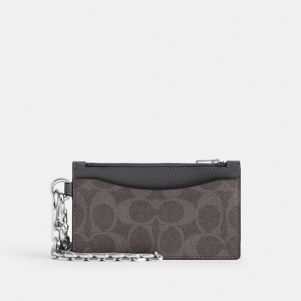 Coach Zip Card Case With Chain In Signature Canvas Grey Signature