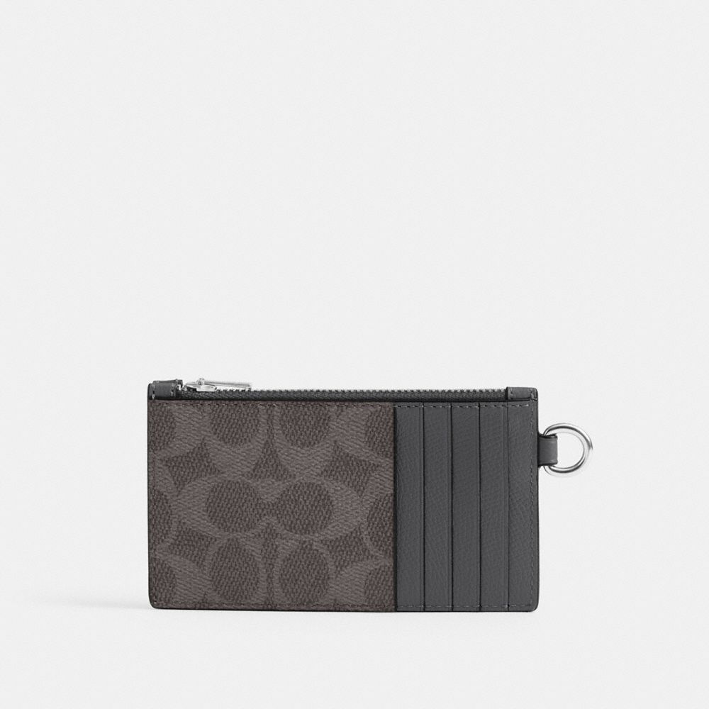 Coach Zip Card Case With Chain In Signature Canvas Grey Signature
