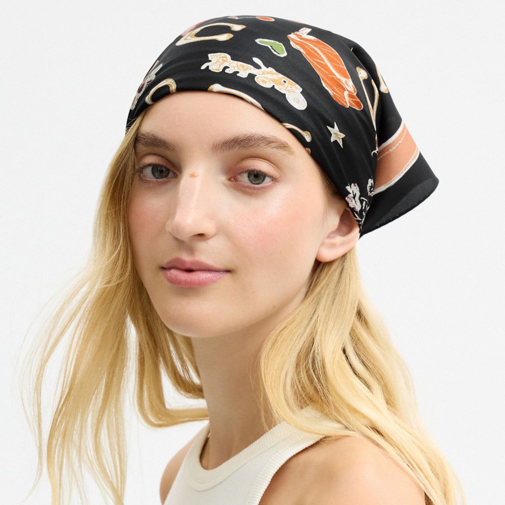 Coach Iconic Motifs Print Silk Square Scarf Black