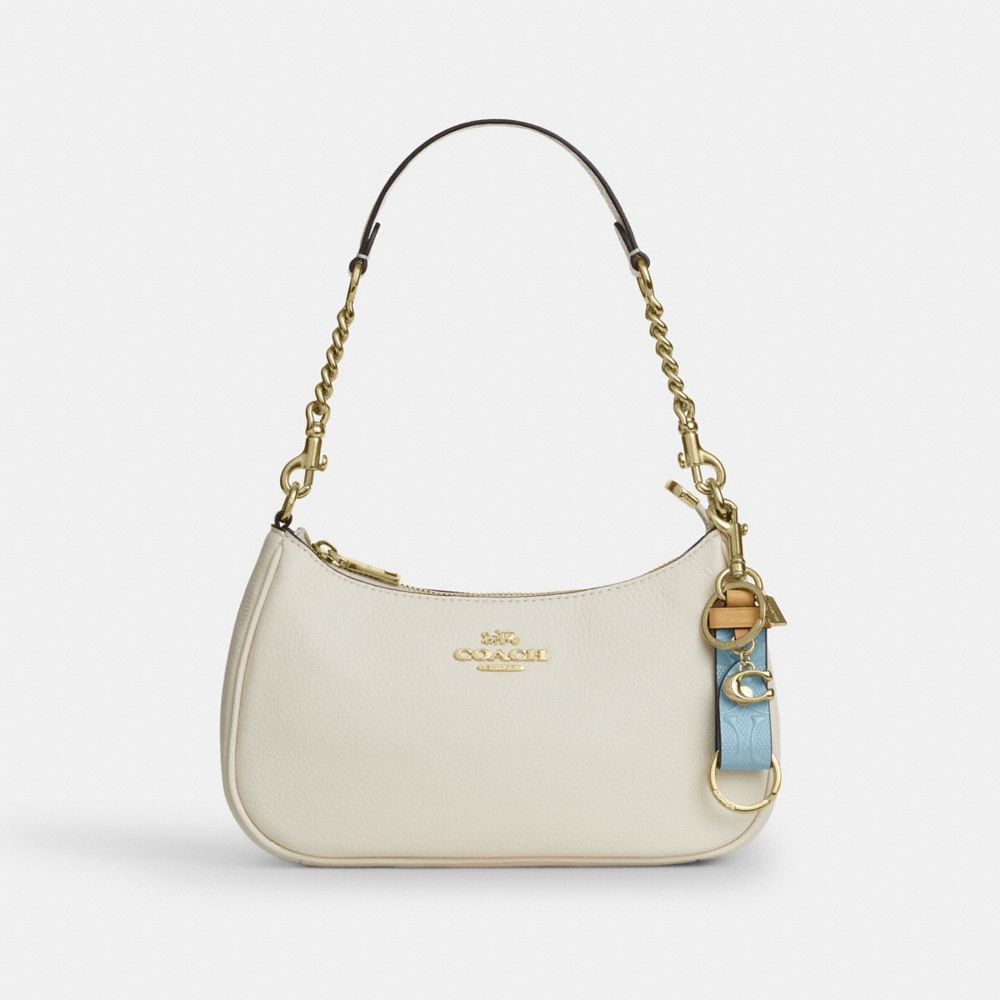 Coach Trigger Snap Bag Charm In Signature Leather With Charm Gold Light Blue