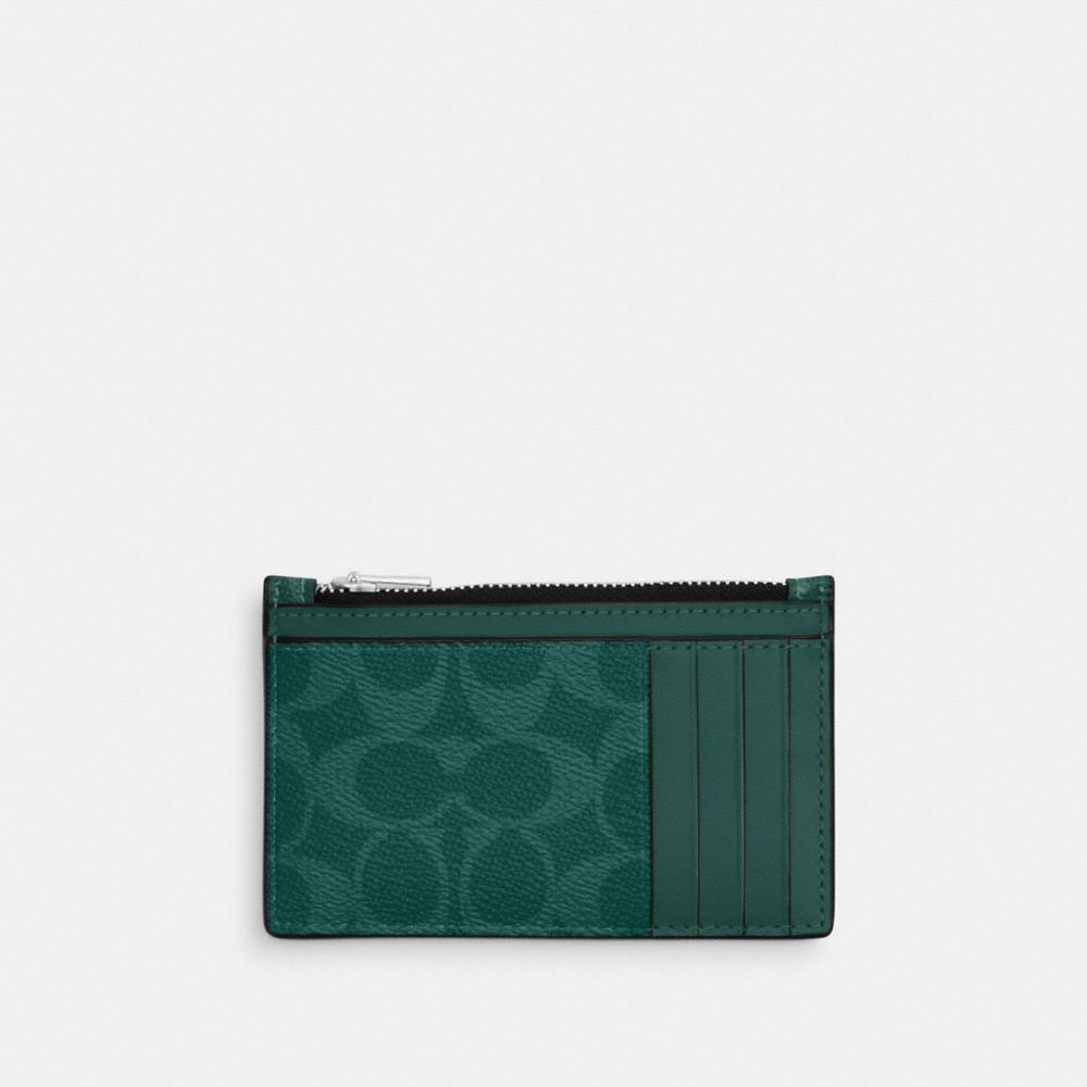 Coach Zip Card Case In Signature Canvas Silver Sea Green