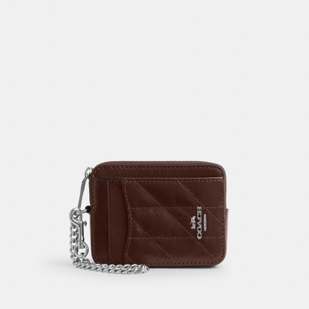 Coach Zip Card Case With Quilting Silver Maple